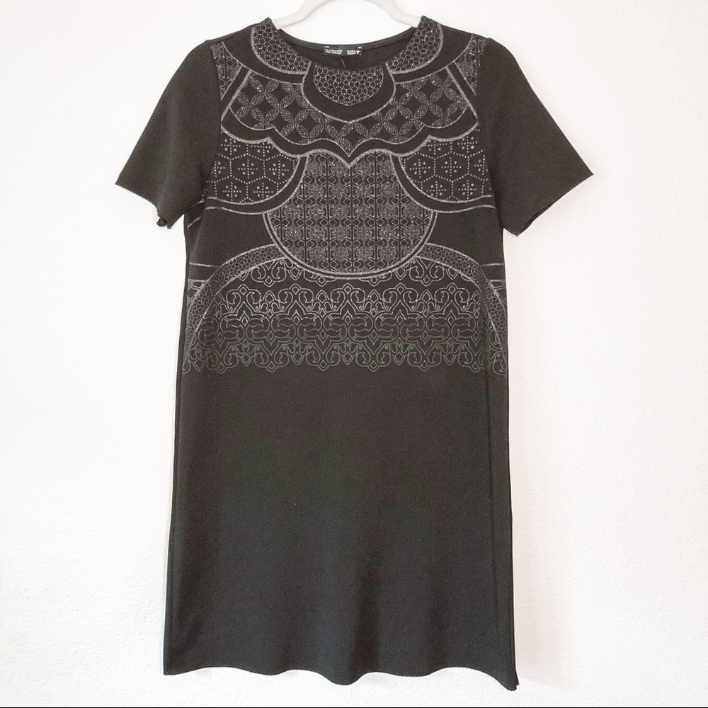 Zara Women Metallic Short Sleeves Knee Length Dress Black Size Small
